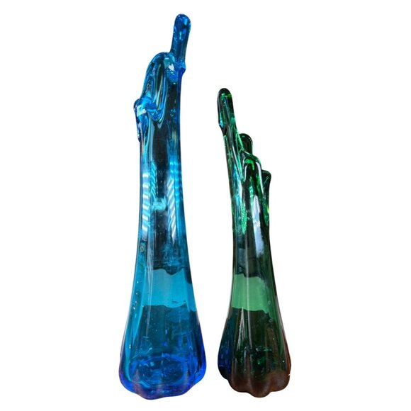 Hand Blown 2 Swung Glass Bud Vases Blue Cobalt & Green Retro MCM Collectable - Picture 2 of 13